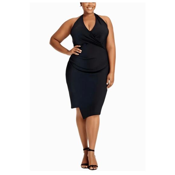 CITY STUDIO PLUS ASYMMETRICAL MIDI HALTER DRESS BLACK NWT 1X - Picture 1 of 1